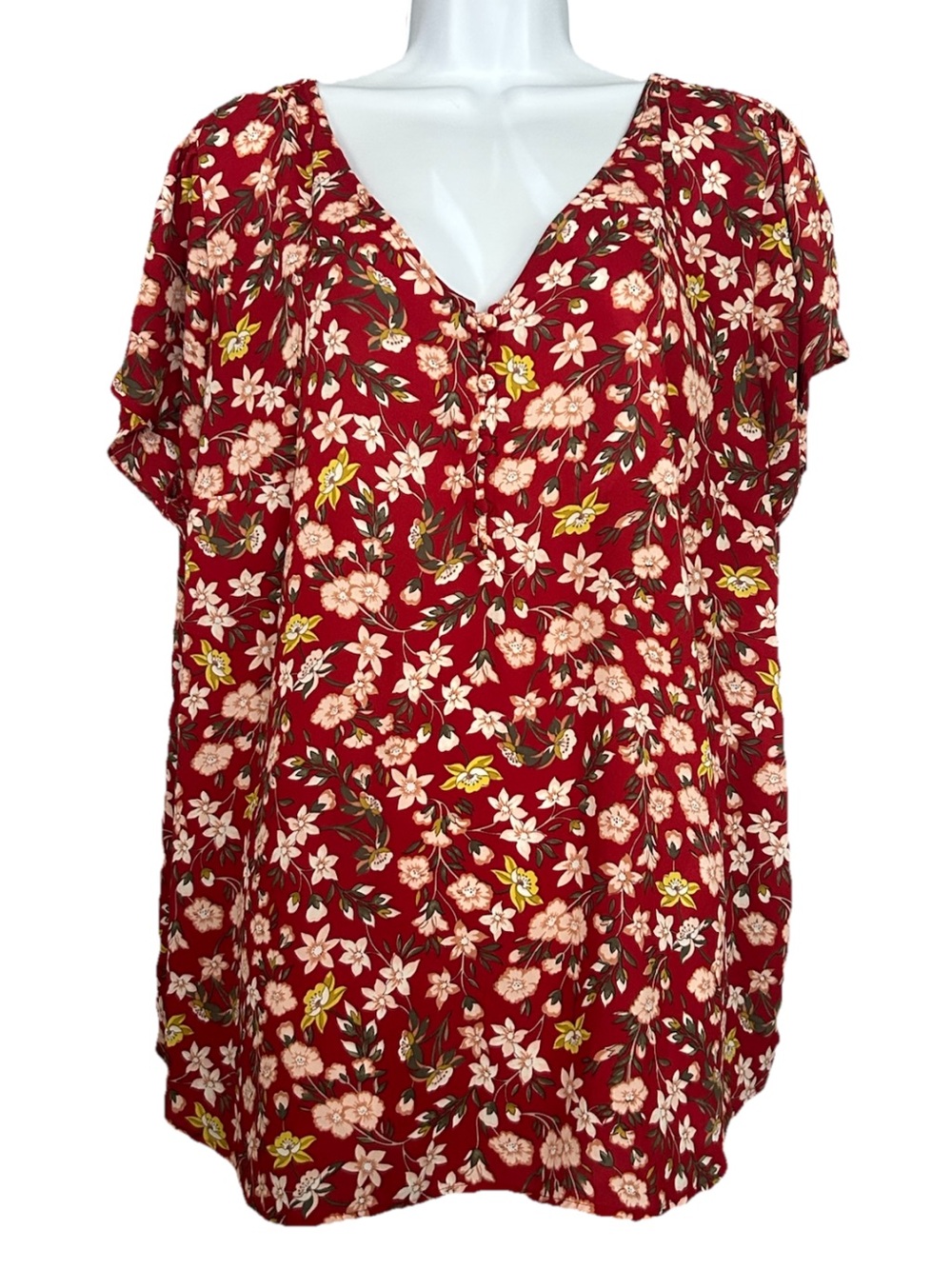 LOFT Plus Women’s Size 20 Red Floral Flutter Sleeve V-Neck Blouse